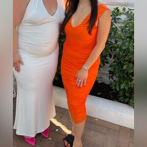 AFRM Brigit Ruched Mesh Body-con Dress - Tangerine - WORN ONCE